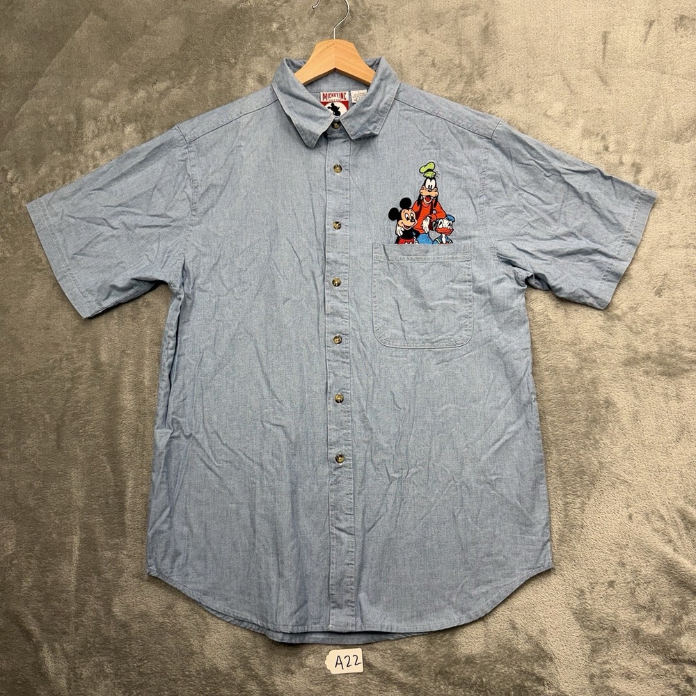 Vintage Disney Denim Button Up Shirt Mens Large Blue Embroidered 90s  New